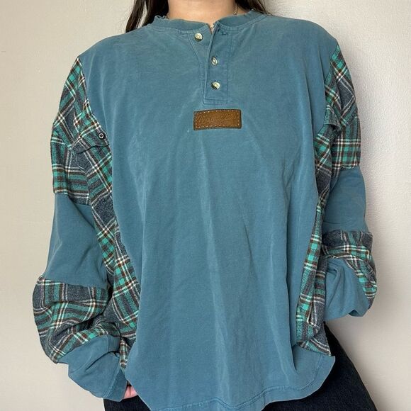 Reworked Upcycled Wrangler Baggy Two Tone Long Sleeve Henley Green Flannel Shirt - Picture 3 of 4